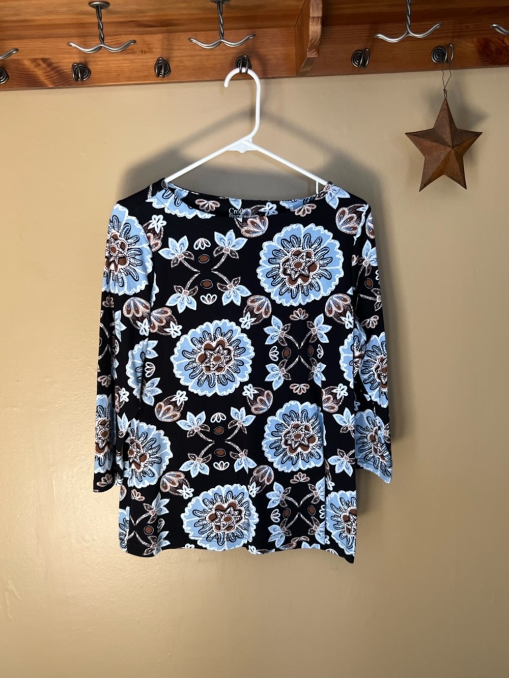 croft & barrow Black Floral Boatneck Top with Blue and Brown Accents